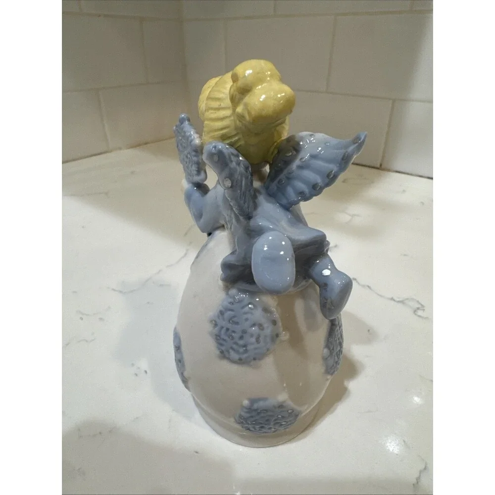 Ceramic Angel Bell with Blue Dress And Snowflakes Vtg Angels 5.25”